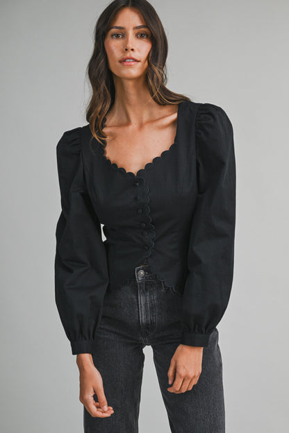 Black Scalloped Long Sleeve Top