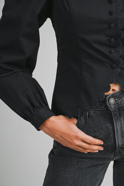 Black Scalloped Long Sleeve Top