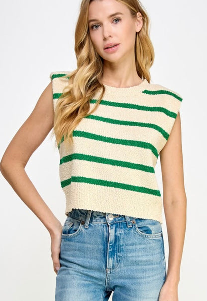 Shoulder Pad Sleeveless Striped Knit Top in Ecru/Emerald.