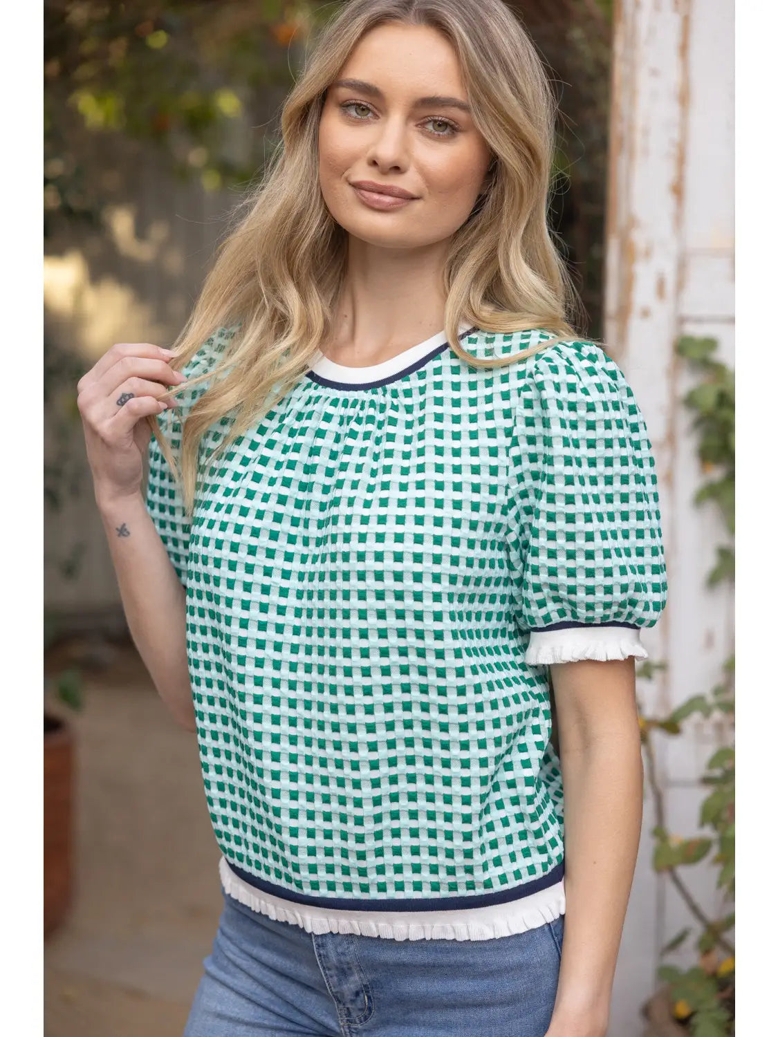 Puff Sleeve Striped Textured Plaid Knit Top