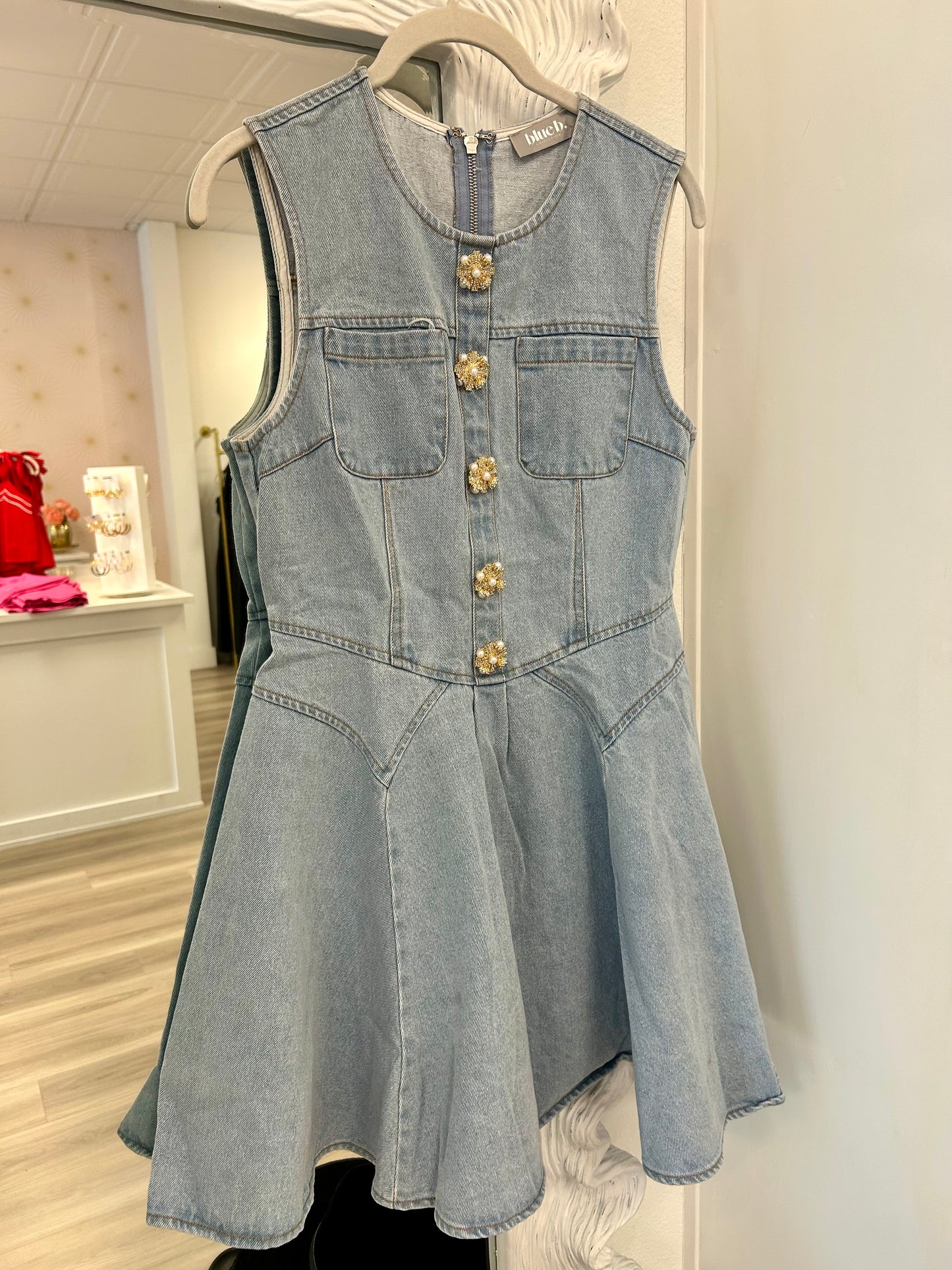 Jeweled Button Denim Dress