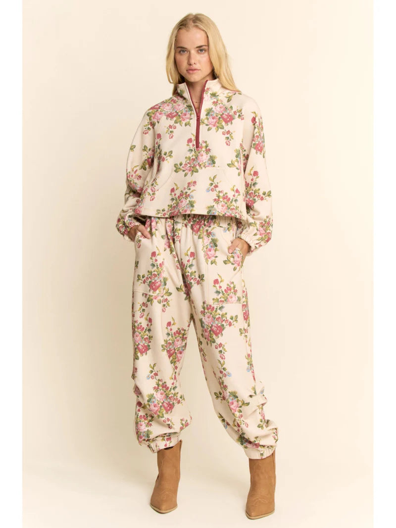 Flower Printed Half Zip in Ivory Floral