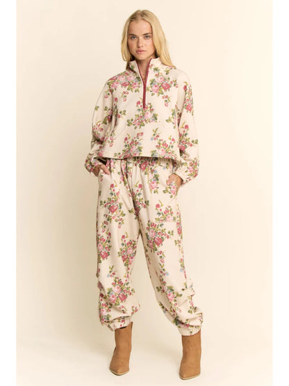 Flower Printed Half Zip in Ivory Floral