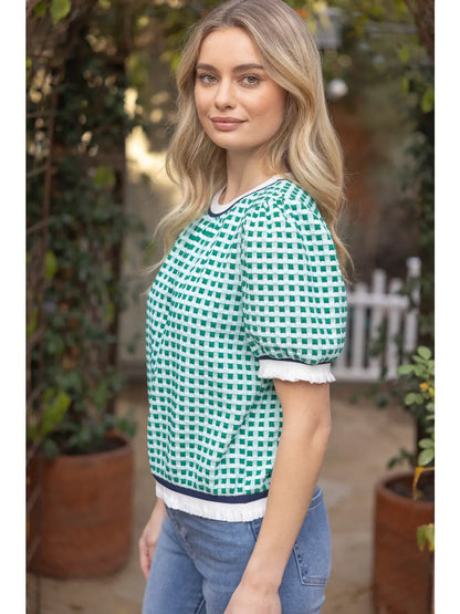 Puff Sleeve Striped Textured Plaid Knit Top