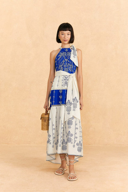 Embroidered Jungle Scarf Blue Maxi Dress