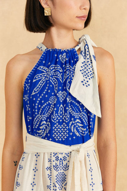 Embroidered Jungle Scarf Blue Maxi Dress