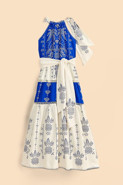Embroidered Jungle Scarf Blue Maxi Dress