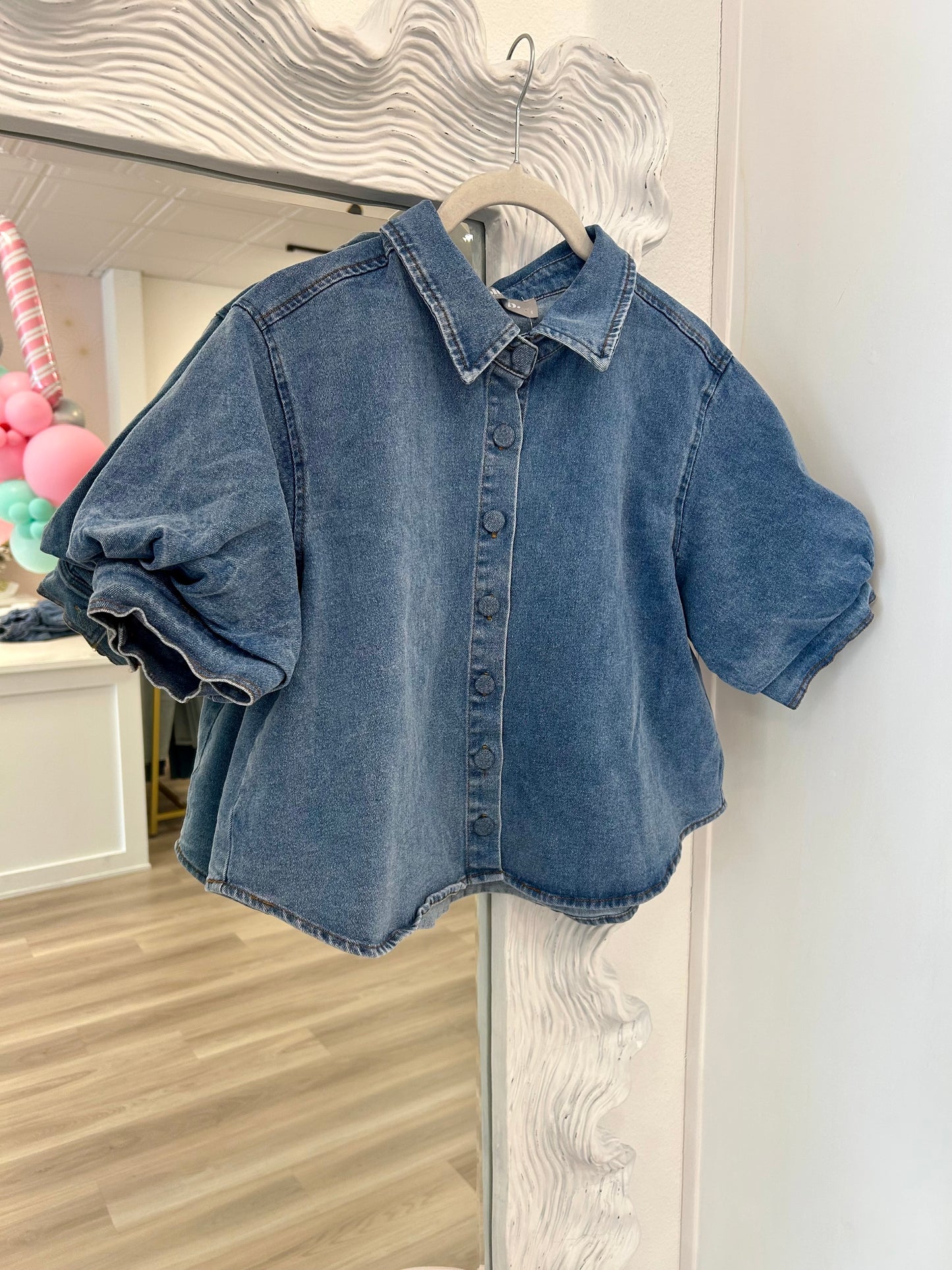 Puff Short Sleeve Button Down Denim Shirt