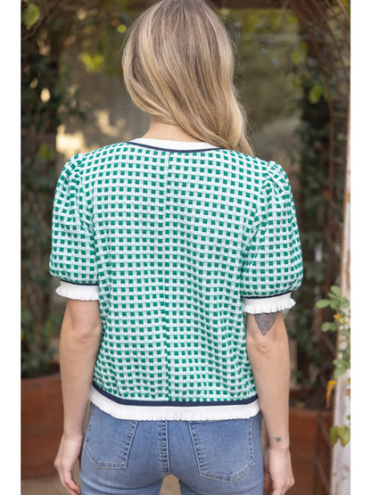 Puff Sleeve Striped Textured Plaid Knit Top
