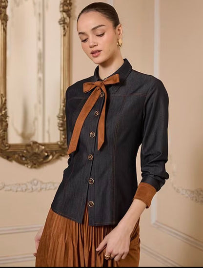 Daisy Denim Neck Tie Collared Shirt