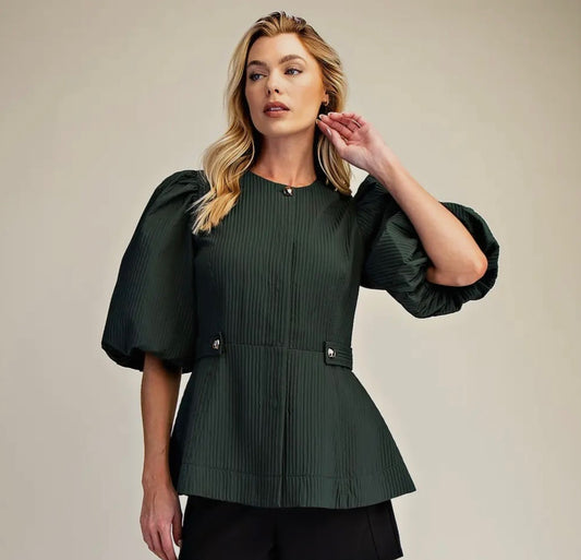 Puff Sleeve Waist Line Top in Green