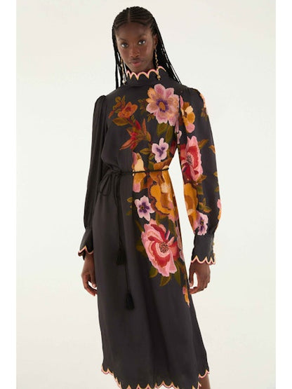 Chenille Flowers Midi Dress in Black