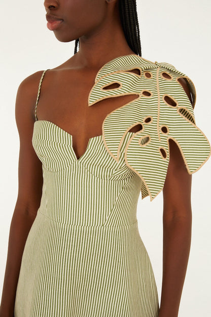 Striped Monstera Leaf Midi Dress