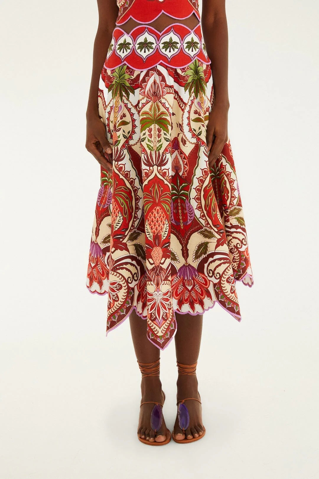 Odara Red Scalloped Midi Skirt