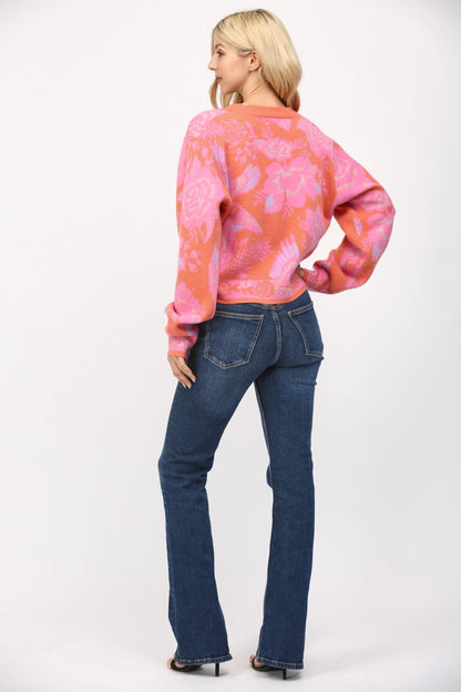 Floral Pattern Button Closure Crop Cardigan
