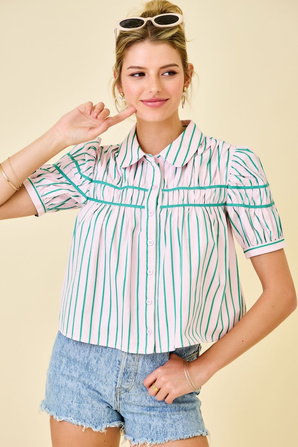 Stripe Button Down in Green/Pink