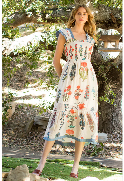 Smocked Flower Print Dress in Cream