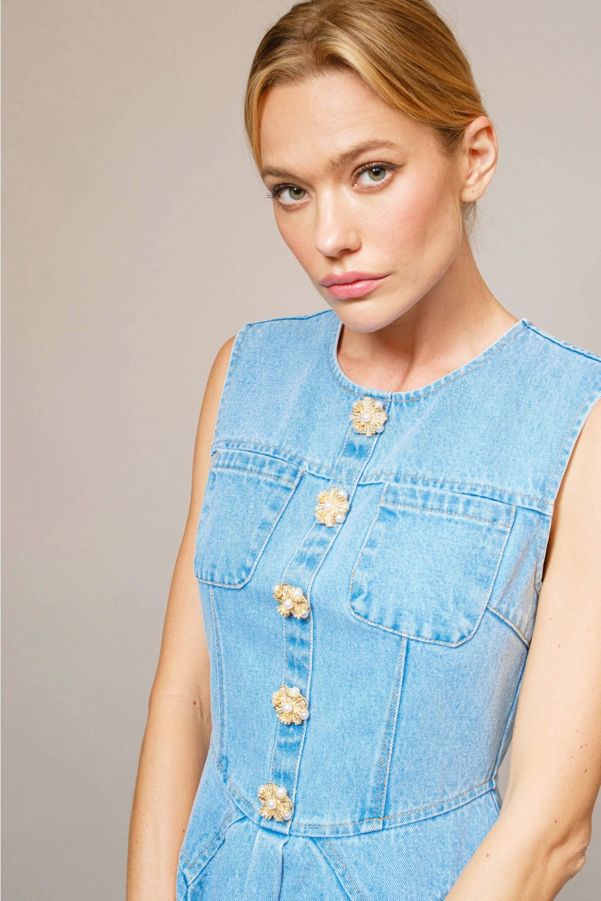 Jeweled Button Denim Dress