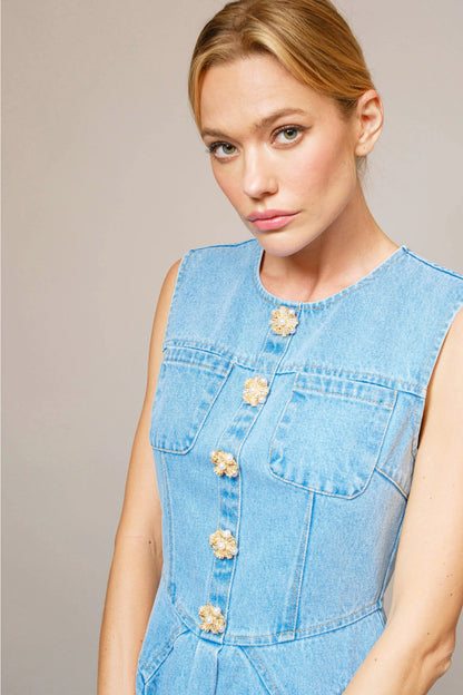 Jeweled Button Denim Dress
