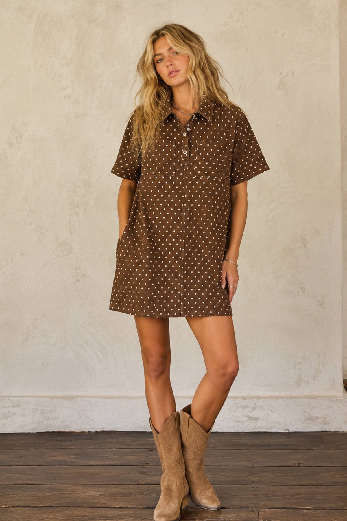 Polka Dot Denim Shirt Dress: BROWN