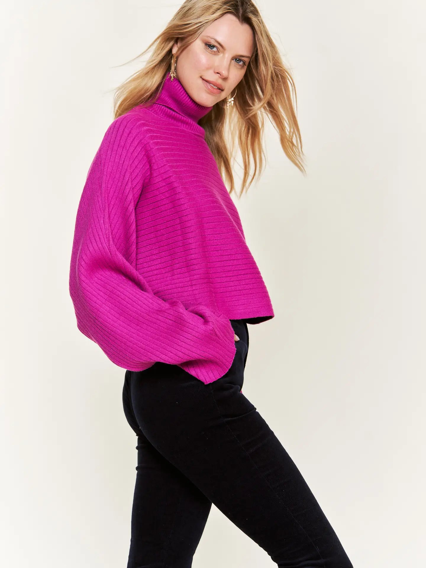 Fuchsia Mock Neck Wide Sleeve Top