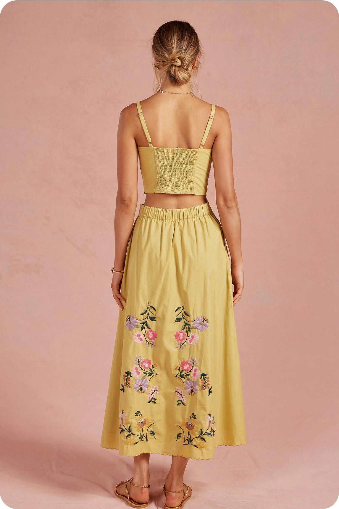 Embroidered Floral Lace Skirt Set in Yellow