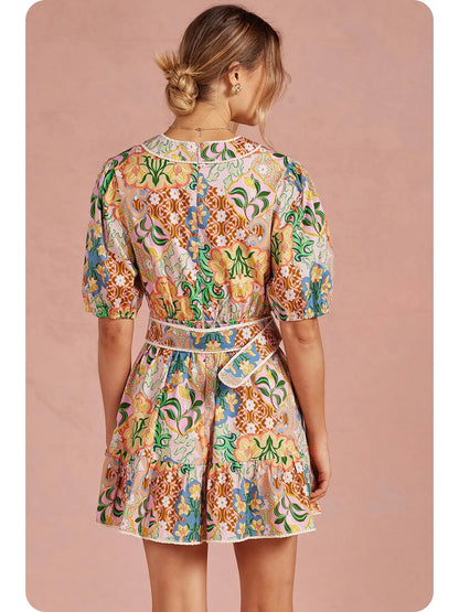 Garden Party Puff Sleeve Belted Cotton Mini Dress