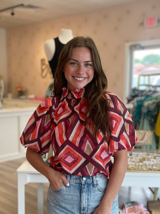 Puff Sleeve Geo Top in Red