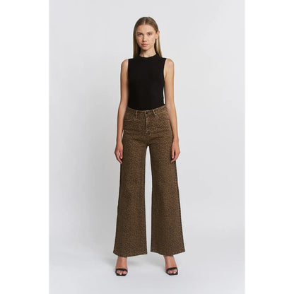Super High Wide Leg Leopard Jeans in Brown Derby
