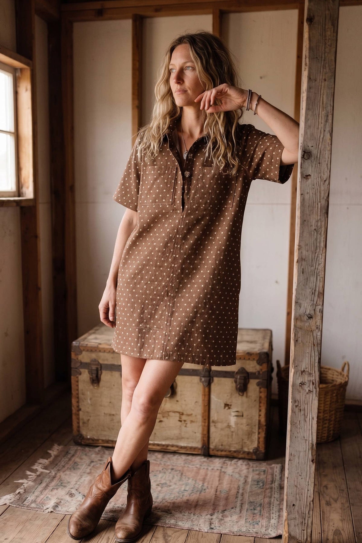Polka Dot Denim Shirt Dress: BROWN