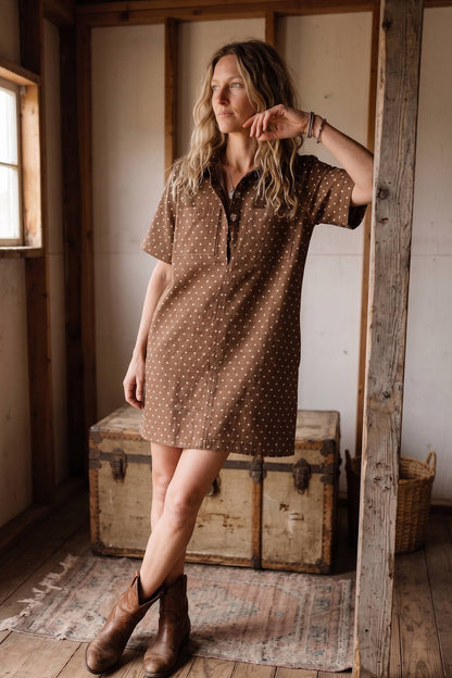 Polka Dot Denim Shirt Dress: BROWN
