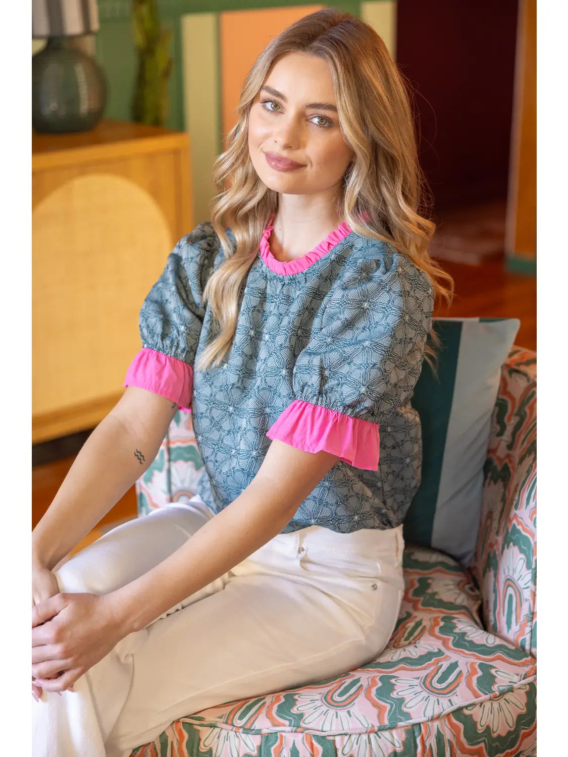 Contrast Ruffled Neck & Sleeve Floral Top