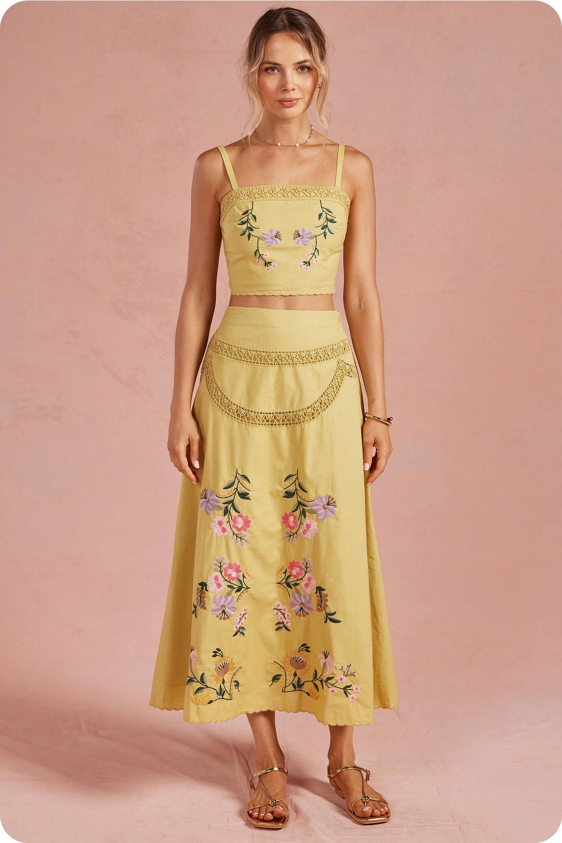 Embroidered Floral Lace Skirt Set in Yellow