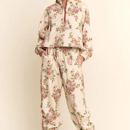 Flower Printed Half Zip in Ivory Floral