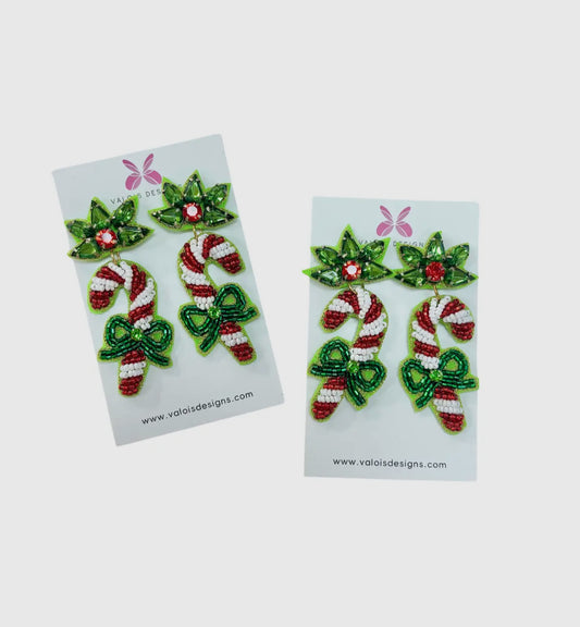 Candy Cane Bow Beaded Earrings