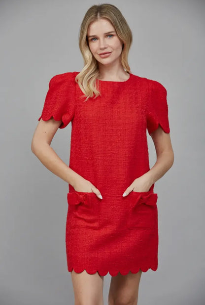 Scallop Edge Puff Sleeve Tweed Dress