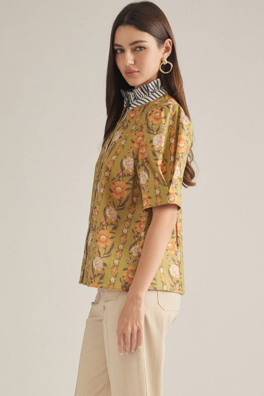 Emerson Stripe Collared Top in Olive