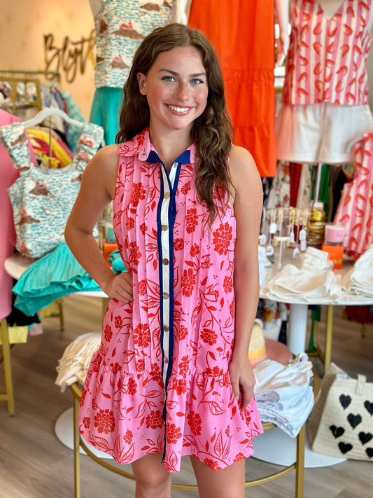 FINAL SALE- Flower Button Up Dress in Pink