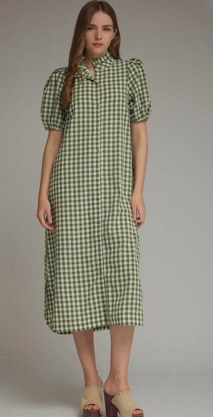 Olive Gingham Midi Dress