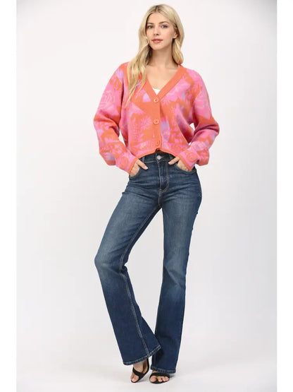 Floral Pattern Button Closure Crop Cardigan