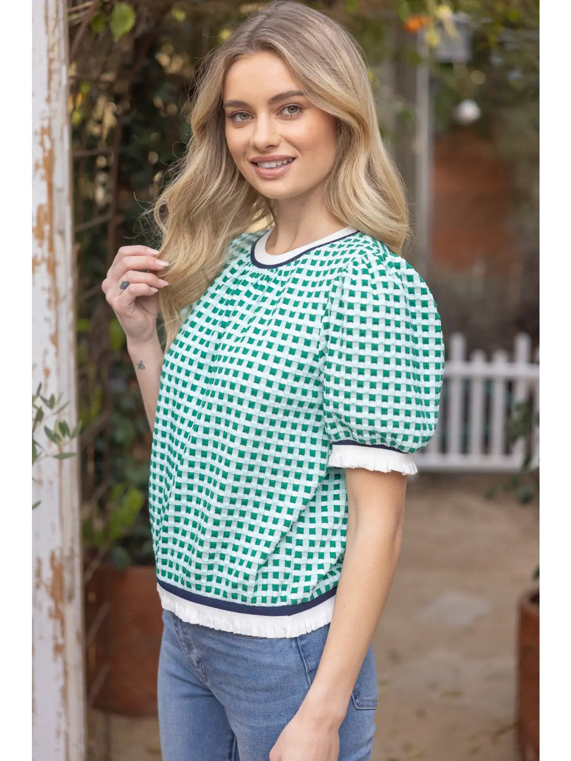 Puff Sleeve Striped Textured Plaid Knit Top