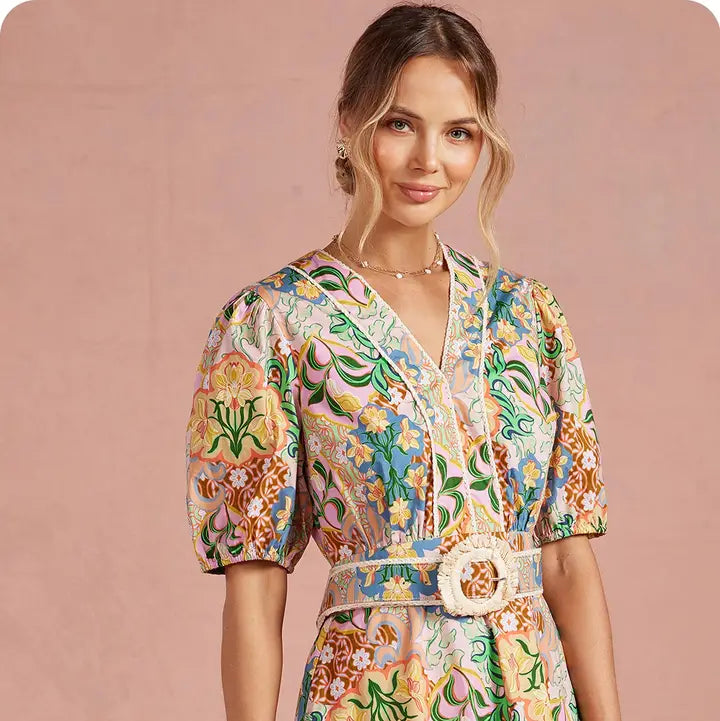 Garden Party Puff Sleeve Belted Cotton Mini Dress