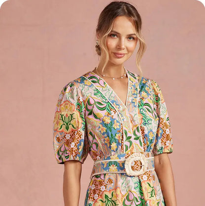 Garden Party Puff Sleeve Belted Cotton Mini Dress
