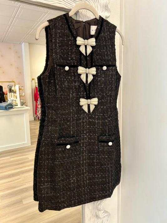 Jewel Bow Detail Tweed Mini Dress in Black