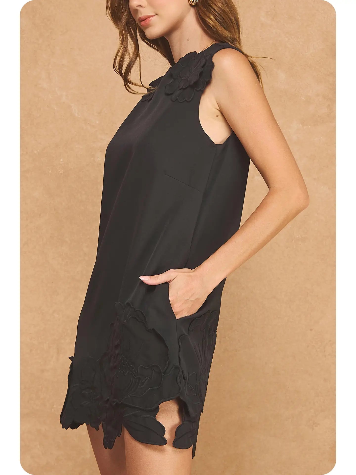 3D Floral Appliqué Sleeveless Shift Dress
