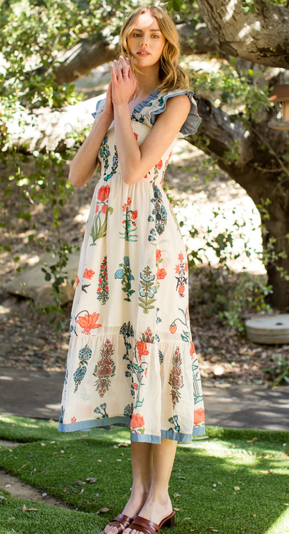 Smocked Flower Print Dress in Cream