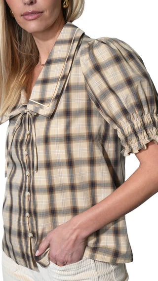 Betty Sailor Collar Plaid Top in Sand