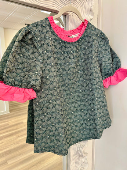 Contrast Ruffled Neck & Sleeve Floral Top