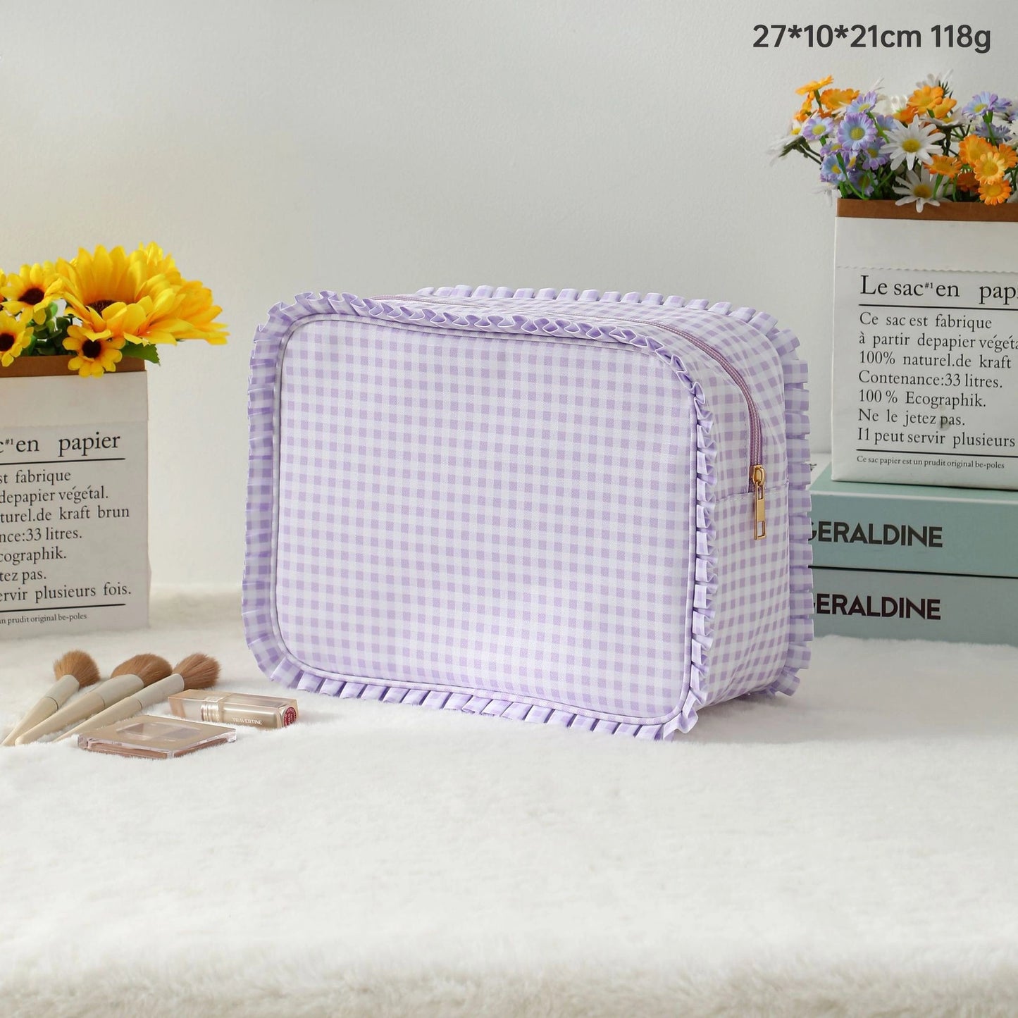 Purple Ruffle Checkered Travel Bag