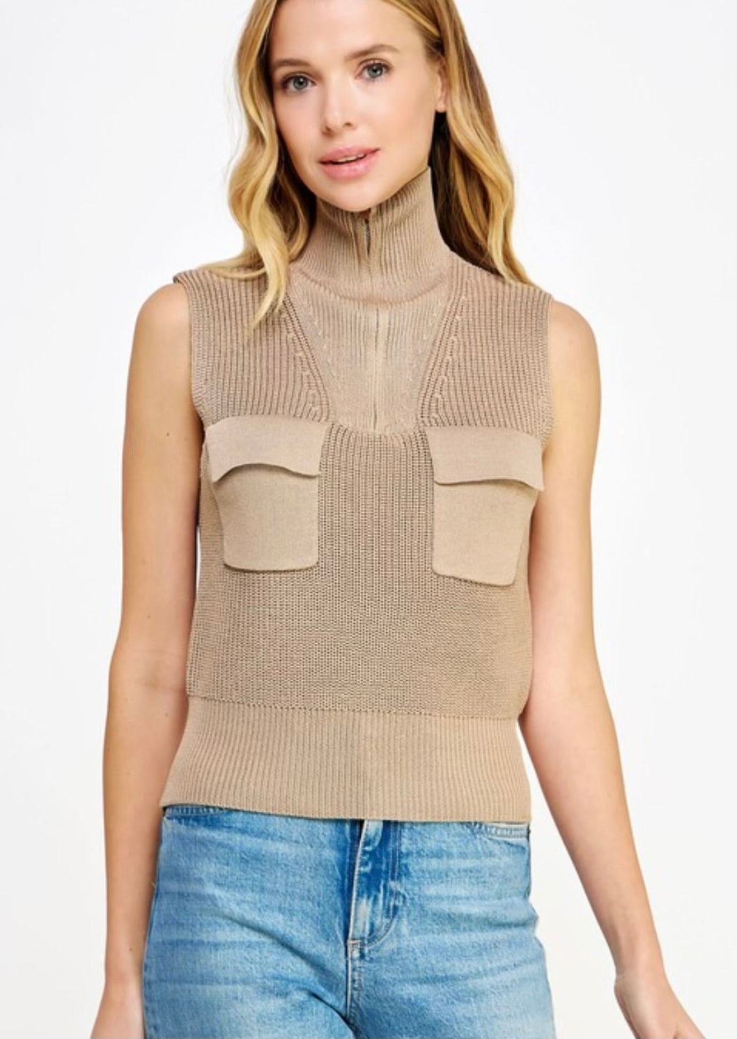 Zip Up Knit Vest Top in Taupe